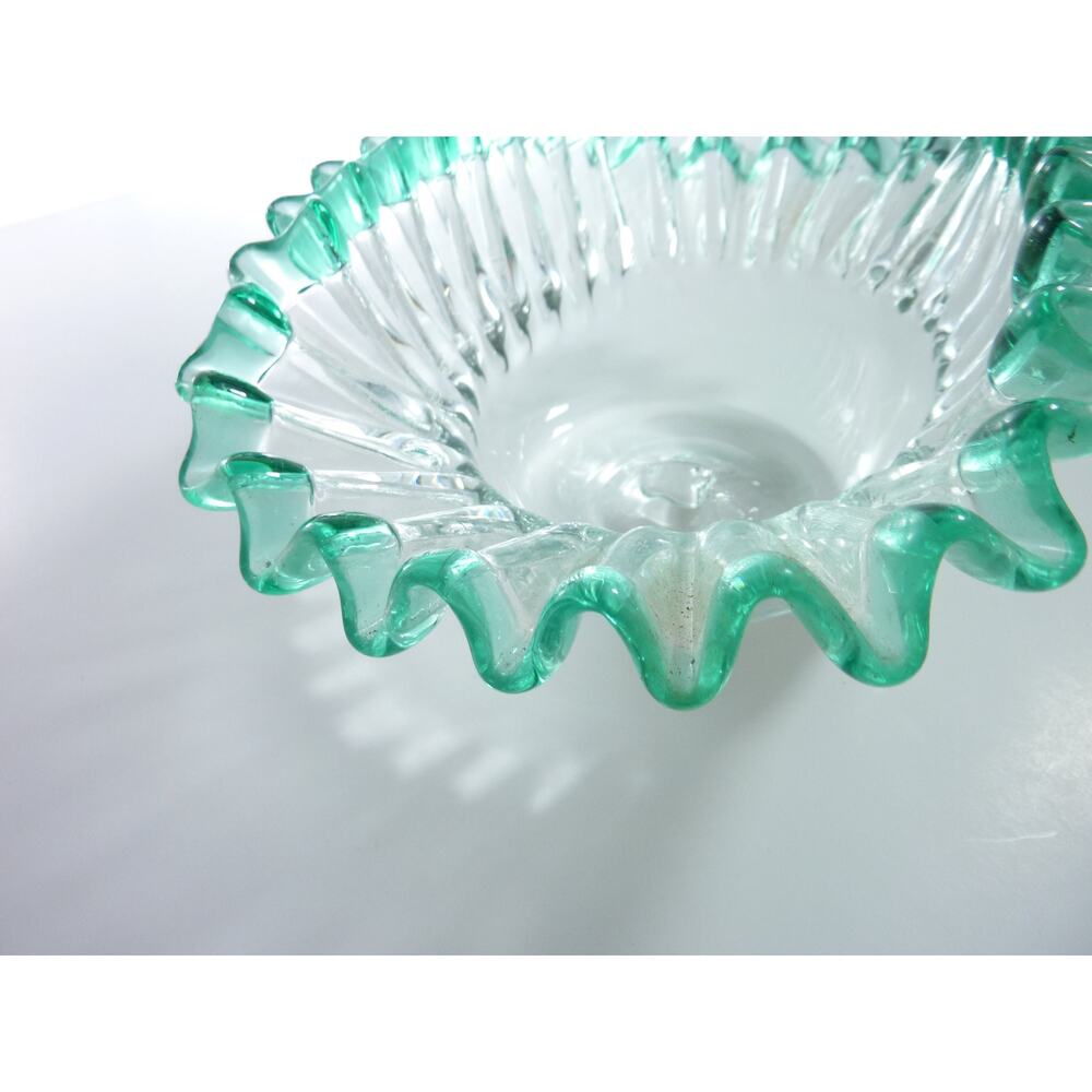 Vintage Clear Blown Glass Bowl Green/Blue Edge Trim Scalloped Ruffle Mermaid - Picture 5 of 8